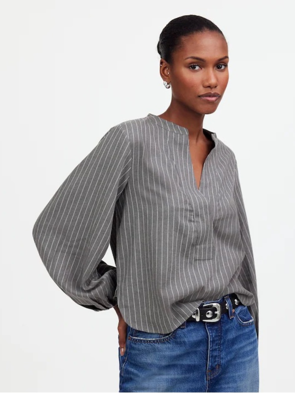 Madewell V-Neck Long-Sleeve Top popover XS in Heather gray white stripe